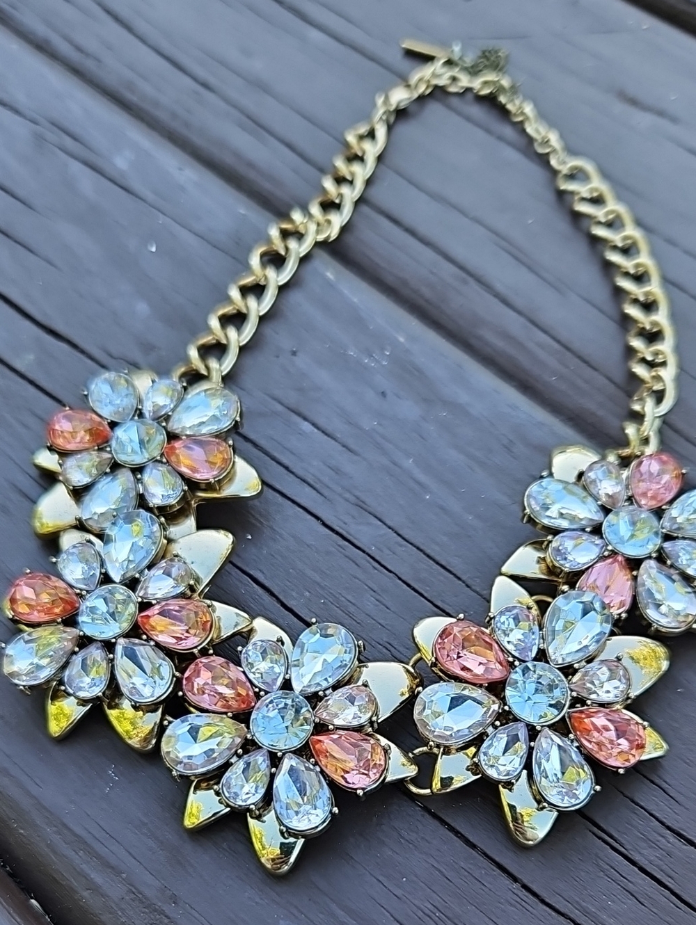 Sugarfix Floral Crystal Statement Necklace in Peach & Clear